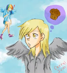 Size: 800x861 | Tagged: safe, artist:cheryl-jum, derpibooru import, derpy hooves, rainbow dash, human, duo, female, food, humanized, image, jpeg, muffin, sketch, sky background, that pony sure does love muffins, thought bubble, winged humanization, wings