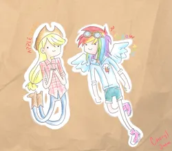 Size: 1165x1024 | Tagged: safe, artist:cheryl-jum, derpibooru import, applejack, rainbow dash, human, adventure time, boots, clothes, denim, dot eyes, duo, female, goggles, goggles on head, hoodie, humanized, image, jeans, pants, png, shirt, shoes, shorts, style emulation, winged humanization, wings