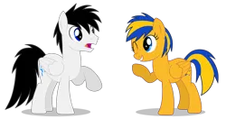 Size: 8500x4500 | Tagged: safe, artist:creedyboy124, derpibooru import, oc, oc:flare spark, oc:shane park, unofficial characters only, pegasus, pony, absurd resolution, duo, duo male and female, eye contact, female, folded wings, frown, grin, image, looking at each other, looking at someone, male, mare, meeting, one eye closed, open mouth, pegasus oc, png, raised hoof, shadow, simple background, smiling, stallion, surprised, transparent background, waving, wings, wink