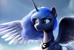 Size: 1920x1280 | Tagged: safe, derpibooru import, editor:dovakkins, machine learning generated, princess luna, alicorn, pony, ai content, beautiful, cloud, derpibooru exclusive, female, flying, generator:pony diffusion v5, image, jewelry, mare, missing accessory, peytral, png, s1 luna, smiling, solo, tail, wings