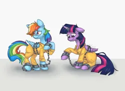 Size: 2000x1463 | Tagged: safe, artist:dimleyd, derpibooru import, rainbow dash, twilight sparkle, twilight sparkle (alicorn), alicorn, bound wings, chained, chains, clothes, duo, image, png, prison outfit, prisoner, prisoner rd, prisoner ts, wings