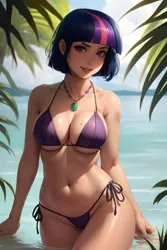 Size: 1024x1536 | Tagged: suggestive, derpibooru import, editor:sammykun, machine learning generated, twilight sparkle, human, ai content, belly button, big breasts, bikini, breasts, clothes, humanized, image, jewelry, looking at you, midriff, necklace, png, prompter:sammykun, sexy, short hair, smiling, solo, stupid sexy twilight, swimsuit, tan skin, thighs, tropical, water, wide hips