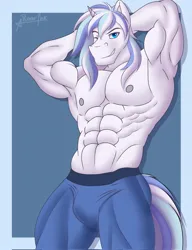 Size: 1575x2048 | Tagged: suggestive, artist:roarink, derpibooru import, oc, oc:galaxy lightning, anthro, pony, unicorn, abs, clothes, gay, horn, image, jpeg, male, male nipples, muscles, muscular male, nipples, nudity, partial nudity, pecs, solo, solo male, stallion, topless