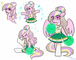 Size: 2048x1620 | Tagged: safe, artist:petaltwinkle, derpibooru import, oc, oc:petal twinkle, pegasus, pony, bipedal, cheerleader, cheerleader outfit, clothes, female, image, jpeg, looking at you, mare, open mouth, open smile, pom pom, simple background, sitting, smiling, smiling at you, solo, white background