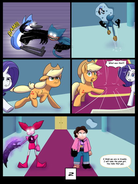 Size: 7500x10000 | Tagged: safe, artist:chedx, derpibooru import, applejack, rarity, earth pony, unicorn, comic:learning with pibby glitch battles, comic, commission, crossover, huggy wuggy, image, mordecai, multiverse, png, poppyplaytime, regular show, spinel, steven universe