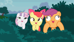 Size: 1920x1080 | Tagged: safe, artist:misterdavey, derpibooru import, apple bloom, scootaloo, sweetie belle, earth pony, pegasus, pony, unicorn, adorabloom, adoracreepy, animated, creepy, cute, cutealoo, cutie mark crusaders, derpy gets pranked, diasweetes, female, filly, foal, gif, hooves on cheeks, image, laughing, open mouth, open smile, smiling, trio, trio female