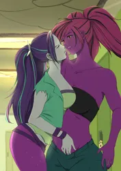 Size: 1448x2048 | Tagged: suggestive, artist:amazingpuffhair, derpibooru import, aria blaze, oc, oc:vivace nocturne, human, siren, equestria girls, rainbow rocks, breasts, breasts touching, butt, canon x oc, clothes, hallway, image, jpeg, open mouth, pigtails, sexy, short shirt, teasing