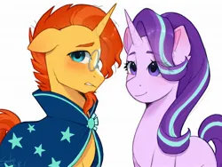 Size: 2000x1500 | Tagged: safe, artist:xiaowu07, derpibooru import, starlight glimmer, sunburst, pony, unicorn, blushing, duo, duo male and female, female, glasses, image, jpeg, looking at someone, looking at you, male, mare, shipping, smiling, smiling at you, stallion, starburst, straight