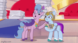 Size: 360x202 | Tagged: safe, derpibooru import, screencap, queen haven, pegasus, pony, g5, my little pony: tell your tale, animated, duo, duo female, female, gif, guardsmare, image, mare, pegasus royal guard, petting, phone, queen, queens for a day, royal guard, zoom zephyrwing