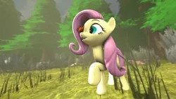 Size: 3840x2160 | Tagged: safe, derpibooru import, fluttershy, butterfly, insect, pegasus, pony, 3d, :o, cute, female, forest, grass, happy, image, mare, open mouth, open smile, png, shyabetes, smiling, solo, solo focus, source filmmaker, tree