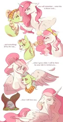 Size: 1280x2489 | Tagged: safe, artist:primrosepaper, derpibooru import, granny smith, princess celestia, alicorn, earth pony, pony, crying, duo, female, floppy ears, grannylestia, gravestone, hoof on chin, image, immortality blues, lesbian, looking at each other, looking at someone, magic, mare, pink-mane celestia, png, shipping, simple background, story included, telekinesis, tree, white background, young granny smith, younger