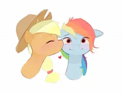 Size: 1415x1070 | Tagged: safe, artist:pascal571, derpibooru import, applejack, rainbow dash, earth pony, pegasus, pony, :i, appledash, blushing, bust, eyes closed, female, floating heart, floppy ears, heart, image, jpeg, kiss on the cheek, kissing, lesbian, mare, shipping, simple background, white background