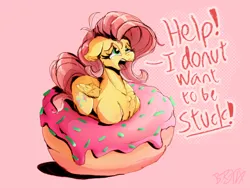 Size: 3200x2400 | Tagged: safe, artist:br0via, derpibooru import, fluttershy, pony, donut, food, image, pink background, png, pun, simple background, solo