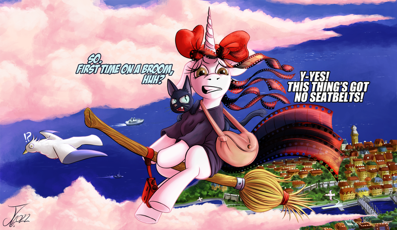 Size: 1250x725 | Tagged: safe, artist:jamescorck, derpibooru import, oc, oc:movie slate, cat, pony, unicorn, broom, flying, image, kiki's delivery service, png, solo