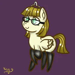 Size: 800x800 | Tagged: safe, artist:yumomochan, derpibooru import, zippoorwhill, pegasus, pony, clothes, female, filly, foal, glasses, image, jewelry, jpeg, purple background, simple background, smiling, socks, solo, tiara