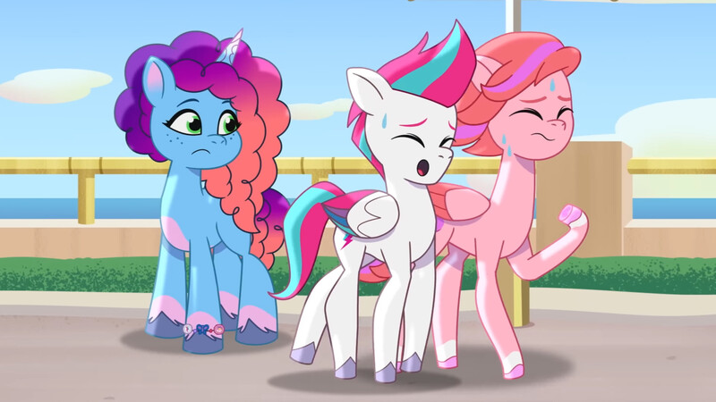 Size: 3072x1727 | Tagged: safe, derpibooru import, screencap, zipp storm, pegasus, pony, unicorn, g5, my little pony: tell your tale, spoiler:g5, spoiler:my little pony: tell your tale, spoiler:tyts01e57, :o, eyes closed, female, frown, hot day huh?, image, jpeg, mare, misty brightdawn, open mouth, sweat, sweatdrop, trio, trio female, windy (g5)