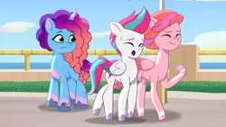 Size: 3072x1727 | Tagged: safe, derpibooru import, screencap, zipp storm, pegasus, pony, unicorn, g5, my little pony: tell your tale, spoiler:g5, spoiler:my little pony: tell your tale, spoiler:tyts01e57, :o, eyes closed, female, frown, hot day huh?, image, jpeg, mare, misty brightdawn, open mouth, sweat, sweatdrop, trio, trio female, windy (g5)