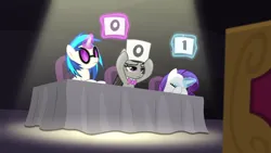 Size: 1280x720 | Tagged: safe, derpibooru import, screencap, octavia melody, rarity, vinyl scratch, earth pony, pony, unicorn, bloom and gloom, season 5, female, image, meme, music judges meme, png, trio, trio female, vinyl and octavia are not impressed