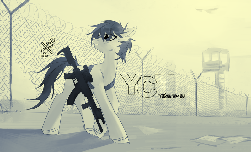 Size: 5000x3035 | Tagged: safe, artist:teturirusu, derpibooru import, oc, pony, any gender, any race, any species, commission, fence, gun, image, looking up, png, rifle, sniper, sniper rifle, solo, weapon, your character here