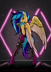 Size: 1610x2289 | Tagged: safe, artist:sweetpea-and-friends, derpibooru import, oc, oc:koa, unofficial characters only, anthro, unguligrade anthro, clothes, ear piercing, earring, glam rock, image, jewelry, jpeg, legwear, lidded eyes, looking at you, looking back, looking back at you, microphone, piercing, ripped stockings, scene hair, socks, solo, sparkles, spread wings, stage, stockings, thigh highs, torn clothes, wings