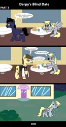 Size: 1920x3688 | Tagged: safe, artist:platinumdrop, derpibooru import, derpy hooves, oc, earth pony, pegasus, pony, unicorn, comic:derpy's blind date, 3 panel comic, blind date, burger, chair, cheese, clothes, comic, commission, crumbs, crying, date, diner, drink, dumped, eating, female, floppy ears, flower, flower in hair, food, hay burger, image, male, mare, messy eating, muffin, munching, pizza, png, restaurant, sad, sauce, sitting, speech, speech bubble, stallion, straw, table, talking, tears of sadness, uniform, waiter, wings, wings down