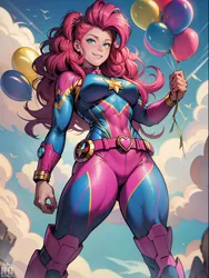 Size: 1536x2048 | Tagged: safe, derpibooru import, machine learning generated, pinkie pie, human, ai content, balloon, captain marvel (marvel), generator:seaart.ai, humanized, image, marvel, marvel comics, png, prompter:neondash, sky, solo, supergirl