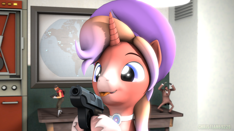 Size: 1920x1080 | Tagged: safe, artist:christian69229, derpibooru import, oc, oc:peaches, unofficial characters only, pegasus, pony, 3d, :p, commission, gun, horn, image, male, pegasus oc, png, smiling, solo, source filmmaker, tongue out, weapon, wings, ych result