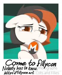 Size: 1050x1260 | Tagged: safe, artist:pcf, derpibooru import, oc, oc:monero, earth pony, pony, art pack:fillycon, art pack, cryptocurrency, female, filly, foal, image, looking at you, lying down, monero, on back, photo, png, solo, text