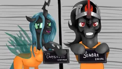 Size: 1920x1080 | Tagged: safe, artist:jbond, derpibooru import, king sombra, queen chrysalis, changeling, changeling queen, pony, unicorn, barbie, barbie mugshot meme, clothes, duo, fangs, female, image, male, meme, mugshot, png, prison outfit