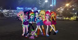 Size: 1080x565 | Tagged: safe, derpibooru import, applejack, fluttershy, pinkie pie, rainbow dash, rarity, sci-twi, spike, sunset shimmer, twilight sparkle, equestria girls, equestria girls (movie), equestria girls series, friendship is magic, brazil, carrefour, city, g4, image, jpeg, light, mane seven, mane six, my little pony, night, parking