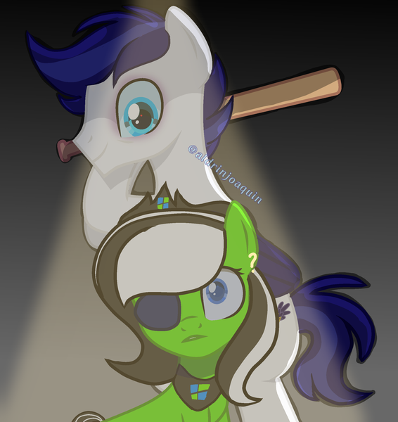 Size: 2197x2331 | Tagged: grimdark, derpibooru import, oc, oc:aldrin, earth pony, pegasus, baseball bat, dangerous, eyepatch, female, image, male, nope, png, shocked, straight, watermark