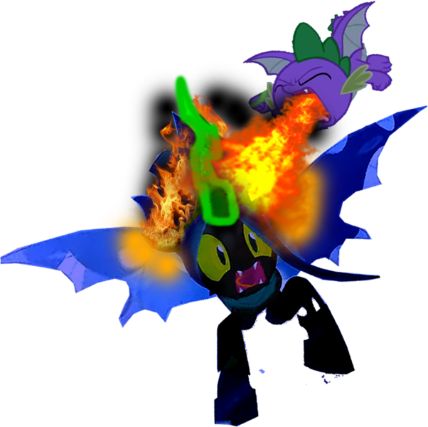 Size: 759x756 | Tagged: safe, derpibooru import, edit, edited screencap, editor:incredibubbleirishguy, screencap, queen chrysalis, spike, changeling, changeling queen, dragon, the ending of the end, attack, background removed, burning, dark, female, fight, fire, fire breath, image, not a vector, payback, png, simple background, transparent background, ultimate chrysalis, winged spike, wings
