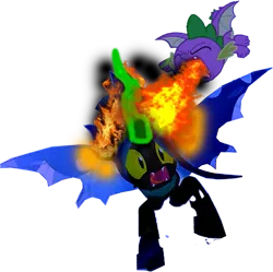 Size: 759x756 | Tagged: safe, derpibooru import, edit, edited screencap, editor:incredibubbleirishguy, screencap, queen chrysalis, spike, changeling, changeling queen, dragon, the ending of the end, attack, background removed, burning, dark, female, fight, fire, fire breath, image, not a vector, payback, png, simple background, transparent background, ultimate chrysalis, winged spike, wings