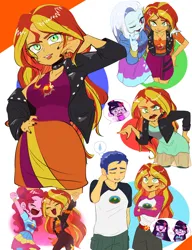 Size: 1851x2408 | Tagged: safe, alternate version, artist:ameame_trine, derpibooru import, flash sentry, pinkie pie, sci-twi, sunset shimmer, trixie, twilight sparkle, human, equestria girls, equestria girls (movie), equestria girls series, forgotten friendship, friendship games, legend of everfree, sunset's backstage pass!, spoiler:eqg series (season 2), arms in the air, choker, clothes, cravat, geode of empathy, geode of sugar bombs, hands in the air, hoodie, image, jacket, jpeg, leather, leather jacket, legs, lipstick, magical geodes, nail polish, one eye closed, sad, shirt, shorts, skirt, sleeveless, sleeveless shirt, speech bubble, sweat, sweatdrop, t-shirt, teary eyes, wink