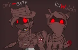 Size: 1879x1203 | Tagged: semi-grimdark, artist:zebra, derpibooru import, oc, oc:kuwalda, oc:ork-estr, unofficial characters only, zebra, bandana, blood, cigarette, clothes, current events, glow, glowing eyes, hammer, hat, image, jacket, jumbo, looking at you, military, military uniform, pants, partial color, pmc, png, politics, private military, radio, rpg-7, sketch, sledgehammer, smoking, tactical vest, uniform, wagner, wagner pmc, war crime, weapon