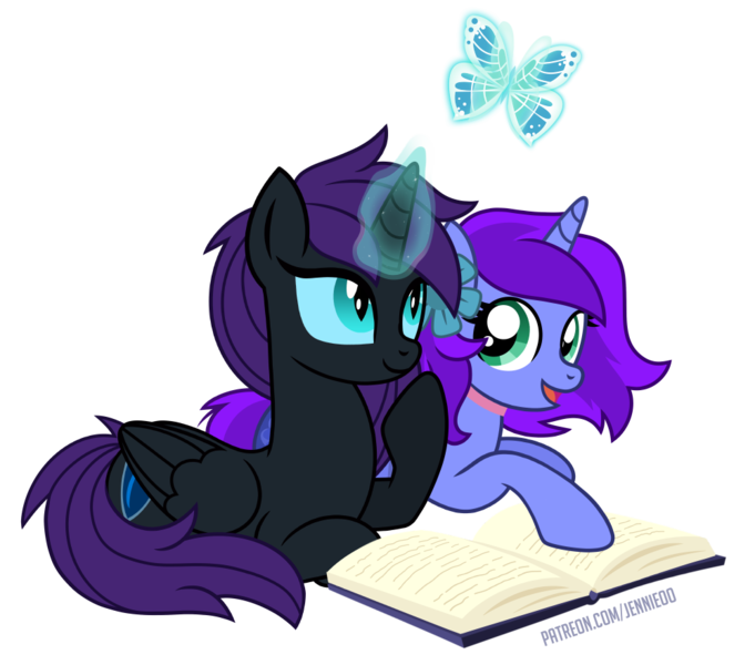 Size: 1000x881 | Tagged: safe, artist:jennieoo, derpibooru import, oc, oc:aliss, oc:nyx, alicorn, pony, unicorn, book, glow, glowing horn, horn, image, magic, patreon, patreon reward, png, show accurate, simple background, teenager, transparent background, vector