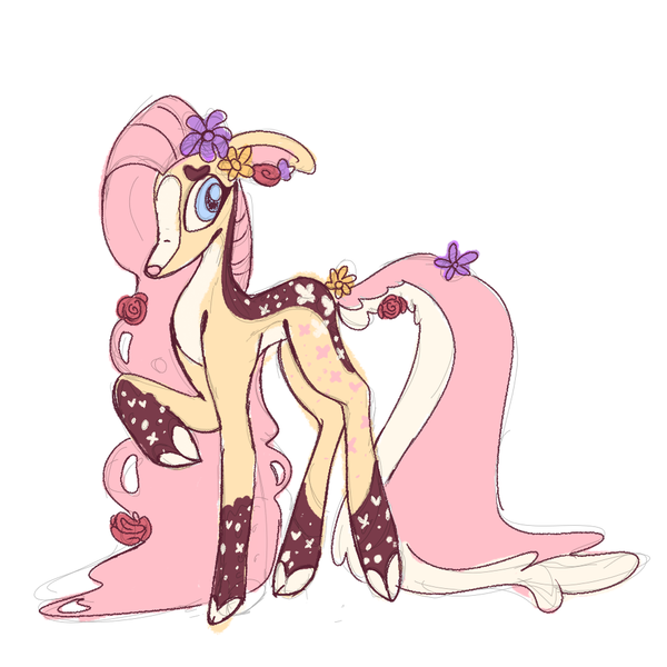 Size: 1000x1000 | Tagged: safe, artist:sugvr_alien, derpibooru import, fluttershy, deer, alternate design, cloven hooves, deerified, flower, flower in hair, flower in tail, flower on ear, flutterdeer, image, png, raised hoof, redesign, simple background, solo, species swap, tail, twitterina design, white background