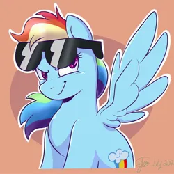Size: 2842x2842 | Tagged: safe, artist:flutterpawss, derpibooru import, rainbow dash, pegasus, pony, crooked glasses, evil smirk, faic, female, image, jpeg, looking at you, mare, smiling, smirk, smug, smugdash, solo, spread wings, sunglasses, wings