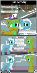 Size: 1519x2942 | Tagged: safe, artist:mrkm, derpibooru import, oc, oc:electric silver light, oc:hard sprocket, unofficial characters only, pony, unicorn, comic:synthesis, dialogue, door, female, image, male, mare, offscreen character, open mouth, pavement, png, snow, speech bubble, stairs, stallion, streetlight, unshorn fetlocks, window