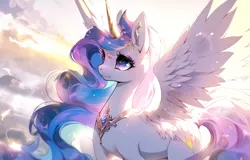 Size: 1116x716 | Tagged: safe, derpibooru import, machine learning generated, stable diffusion, princess celestia, alicorn, pony, ai content, cloud, crepuscular rays, diadem, female, image, jewelry, jpeg, mare, peytral, prompter:refractora, regalia, solo, sparkles, sparkly eyes, spread wings, starry eyes, wingding eyes, wings