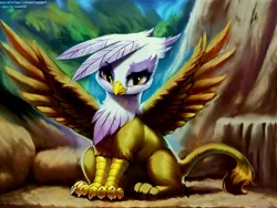 Size: 15360x11520 | Tagged: safe, derpibooru import, machine learning generated, stable diffusion, gilda, gryphon, absurd resolution, ai content, derpibooru exclusive, female, generator:fluffyrock, image, jpeg, looking at you, prompter:mfg637, spread wings, wings