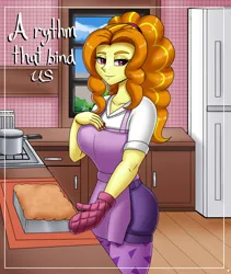 Size: 1600x1900 | Tagged: safe, artist:zachc, derpibooru import, adagio dazzle, fanfic, equestria girls, apron, clothes, commission, fanfic art, fanfic cover, female, hand on chest, image, kitchen, looking at you, oven mitts, png, refrigerator, solo
