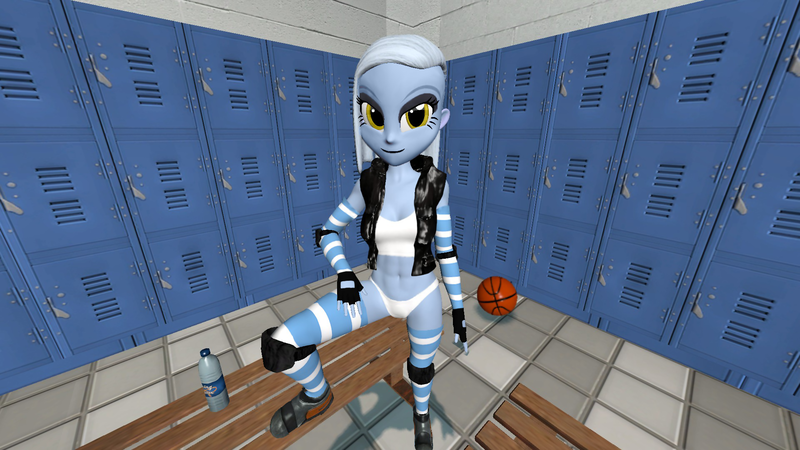 Size: 1920x1080 | Tagged: suggestive, artist:oatmeal!, derpibooru import, limestone pie, human, equestria girls, 3d, abs, basketball, clothes, elbow pads, fingerless gloves, gloves, gmod, hand on leg, hand on thigh, humanized, image, knee pads, locker room, lockers, looking at you, png, raised leg, sexy, socks, solo, sports, sports bra, sports panties, spread legs, spreading, thigh highs, variant, vest, water bottle
