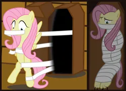 Size: 8192x5888 | Tagged: safe, artist:cardshark777, derpibooru import, fluttershy, pegasus, pony, 2 panel comic, bandage, bondage, bound and gagged, coffin, comic, digital art, female, femsub, fluttersub, gag, helpless, hoof tickling, image, mare, mummification, mummified, mummy, png, solo, submissive, tickle torture, tickling, trapped, wrapped up