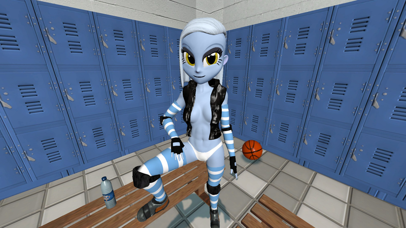 Size: 1920x1080 | Tagged: suggestive, artist:oatmeal!, derpibooru import, limestone pie, human, equestria girls, 3d, abs, basketball, breasts, clothes, elbow pads, fingerless gloves, gloves, gmod, humanized, image, knee pads, locker room, lockers, looking at you, partial nudity, png, raised leg, sexy, sideboob, socks, solo, sports, sports panties, thigh highs, topless, variant, vest, water bottle