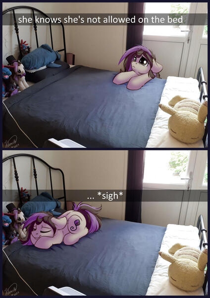 Size: 1920x2715 | Tagged: safe, artist:julunis14, derpibooru import, oc, oc:bowtie, unofficial characters only, earth pony, pony, bed, female, image, irl, jpeg, mare, photo, plushie, ponies in real life, pony pet, solo