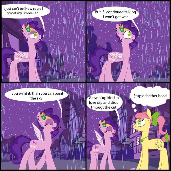 Size: 850x850 | Tagged: safe, derpibooru import, pipp petals, posey (g5), earth pony, pegasus, pony, g5, my little pony: a new generation, fourth wall, image, jpeg, next generation, rain, song, song reference, translation, vulgar