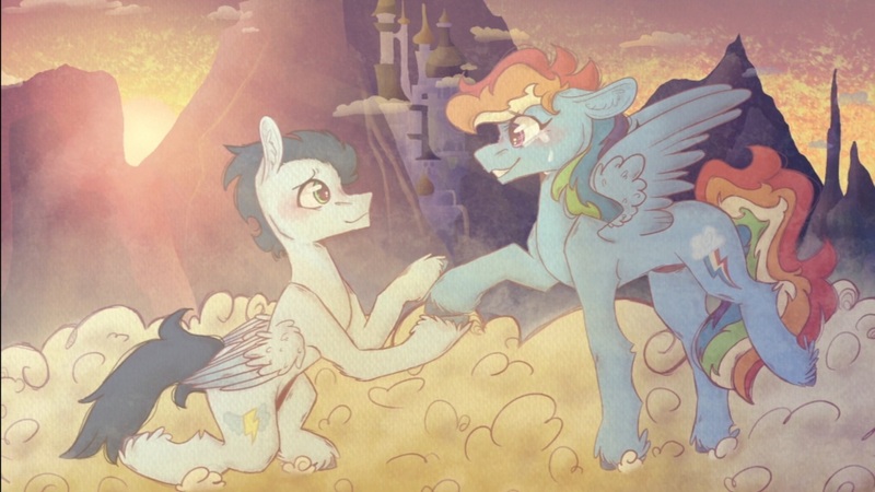 Size: 1280x720 | Tagged: safe, artist:echoes of the voice, artist:ugly mug, derpibooru import, rainbow dash, soarin', pegasus, pony, fanfic, blushing, cloud, crying, dawn, fanfic art, female, happy, holding hooves, image, jpeg, kneeling, male, mare, marriage proposal, shipping, soarindash, stallion, straight, tears of joy, youtube link