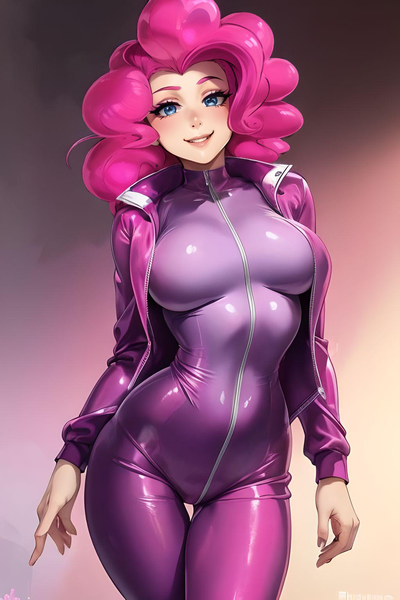 Size: 1024x1536 | Tagged: suggestive, ai content, derpibooru import, editor:sammykun, machine learning generated, pinkie pie, human, g4, big breasts, breasts, busty pinkie pie, clothes, female, gradient background, humanized, image, jacket, jumpsuit, long sleeves, looking at you, magenta, open clothes, open jacket, png, pose, prompter:sammykun, sexy, short hair, skintight clothes, smiling, smiling at you, solo, solo female, stupid sexy pinkie, tight clothing, zipper