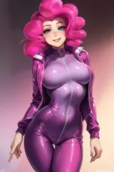 Size: 1024x1536 | Tagged: suggestive, derpibooru import, editor:sammykun, machine learning generated, pinkie pie, human, ai content, big breasts, breasts, busty pinkie pie, clothes, gradient background, humanized, image, jacket, jumpsuit, long sleeves, looking at you, magenta, open clothes, open jacket, png, pose, prompter:sammykun, sexy, short hair, skintight clothes, smiling, smiling at you, solo, stupid sexy pinkie, tight clothing, zipper